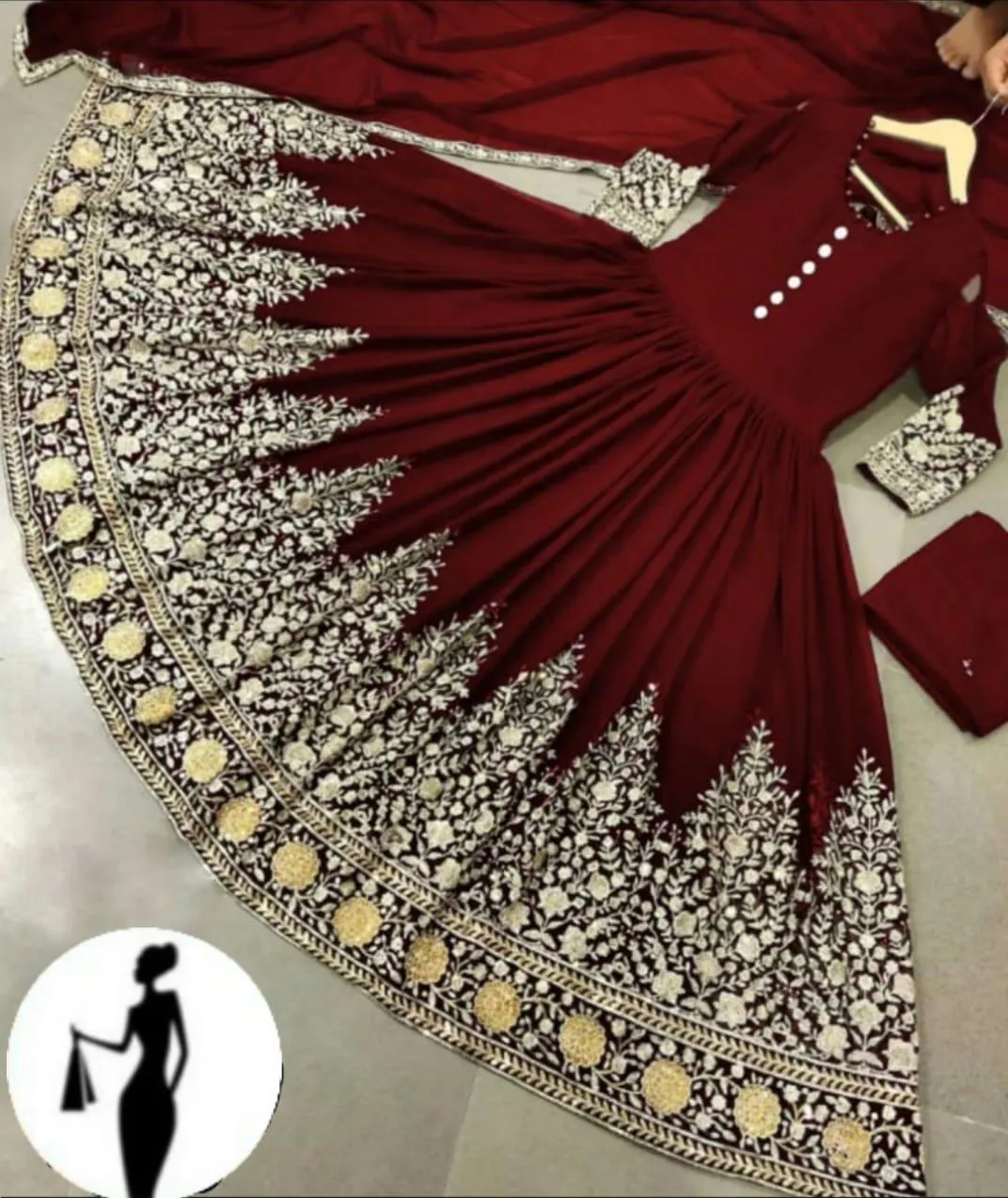 Maroon Chiffon Embroidered Maxi Suit 3Pcs with Dupatta - Image 3