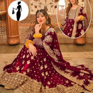 Maroon Embroidered Chiffon Maxi Suit 3Pcs Party Wear