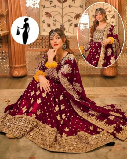 Maroon Embroidered Chiffon Maxi Suit