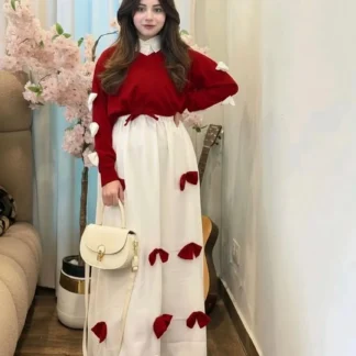 Premium Georgette Top & Maxi Set Red White Bow Stitched