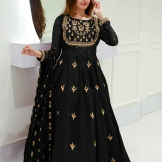 Black Chiffon Maxi Suit with Gold Embroidery for Eid Party Wear