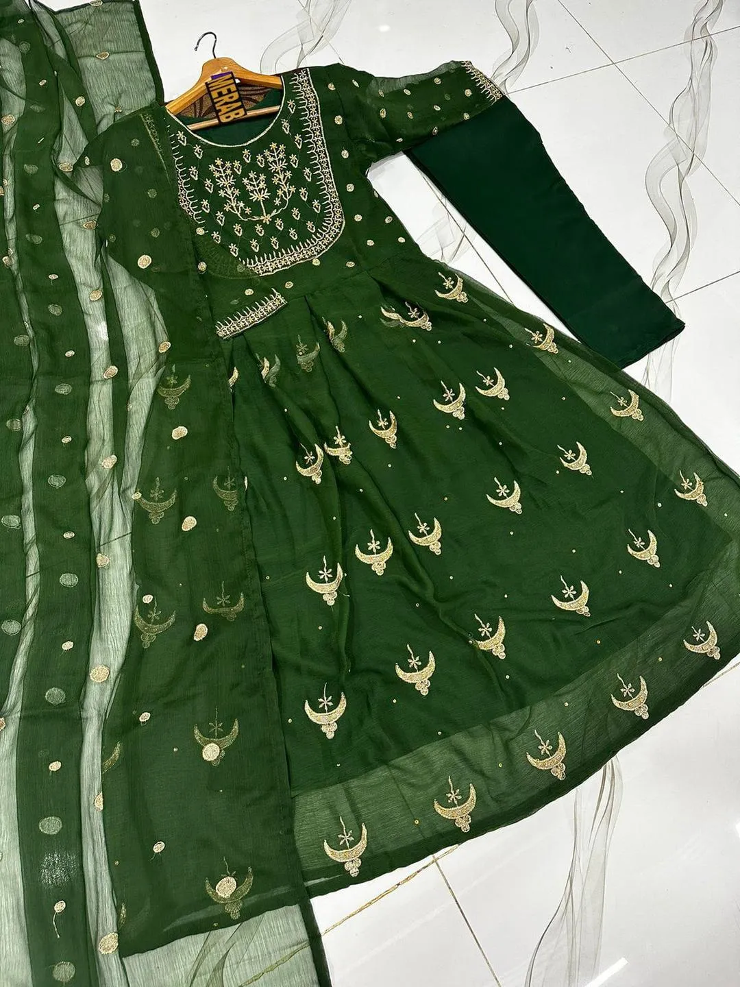 Green Chiffon Lehenga with Gold Embroidery for Eid Wedding - Image 2