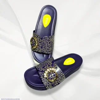 Women's Blue Glitter Rexine Slides with Gold Embroidery
