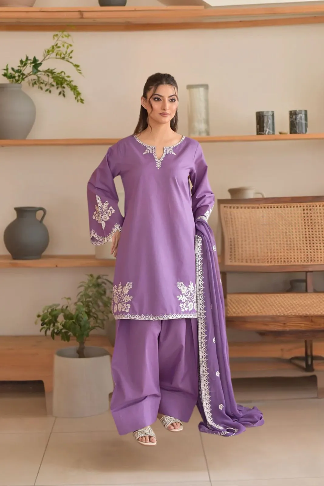 Purple Embroidered 3-Piece Women's Suit Set for Bakra Eid - Image 4