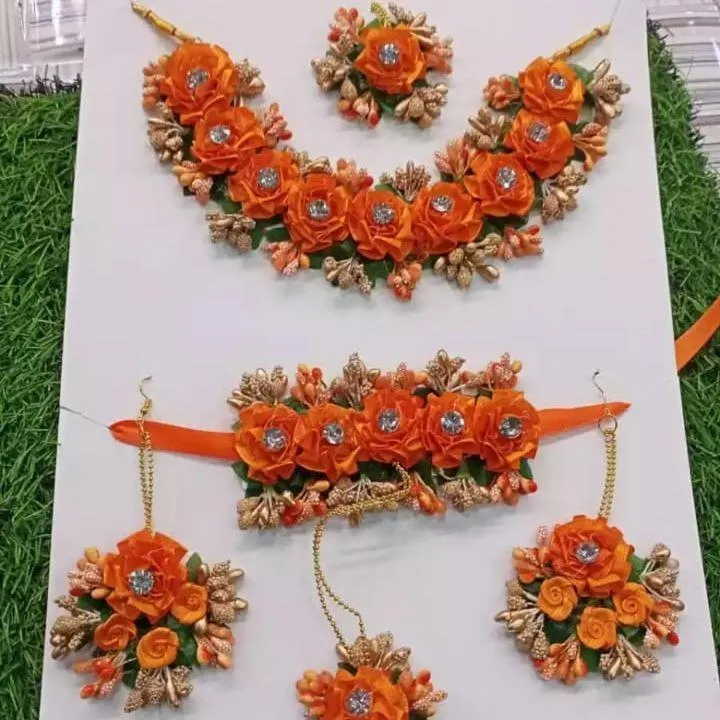 Floral Mehndi Jewelry Set Yellow Red Alloy - Image 3