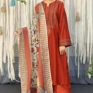 Orange Embroidered 3-Piece Lawn Suit with Printed Dupatta