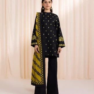 Black Embroidered Lawn Suit 3 Pcs with Yellow Dupatta