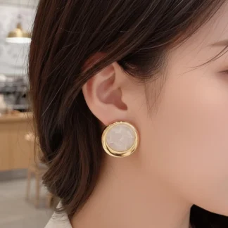 Korean Marble Circle Earrings Gold Tone Lightweight