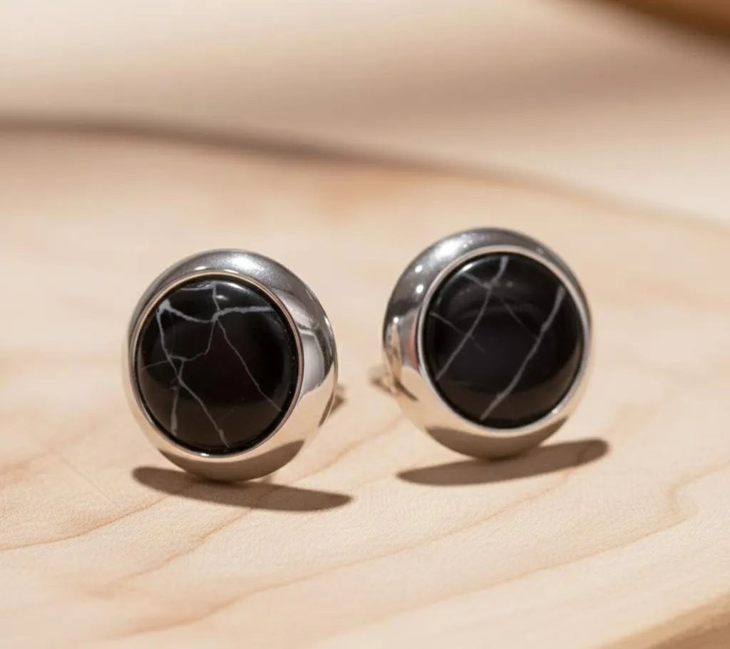 Korean Marble Circle Earrings Gold Tone Lightweight - Image 4
