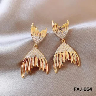 Golden Fish Tail Earrings for Women with Crystals