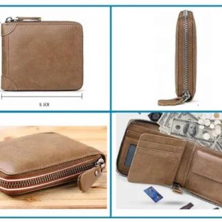 Brown Leather Slim Wallet for Men with Zipper Closure