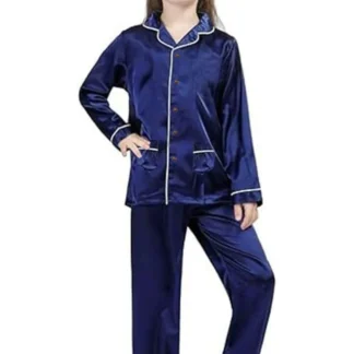 Girls Silk Night Suit Blue White Piping 1-12 Years