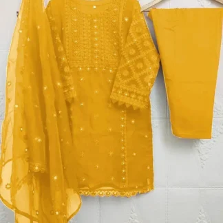 Yellow Chiffon Embroidered 3-Piece Girl Suit Set