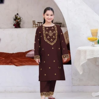 Girls Linen Suit Brown Golden Embroidery 1-12Yrs