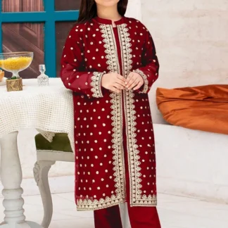 Maroon Shamoz Silk 3-Piece Girl Suit with Gold Embroidery
