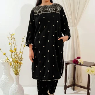 Black Gold Embroidered 2-Piece Linen Kurta & Pajama Set for Girls 6-12