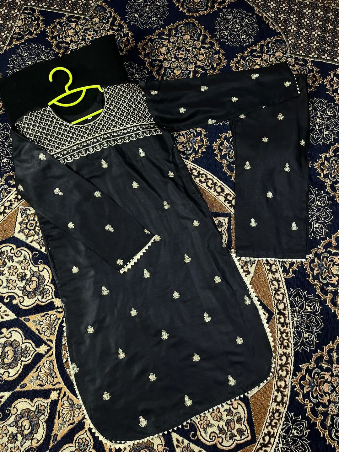 Black Gold Embroidered 2-Piece Linen Kurta & Pajama Set for Girls 6-12 - Image 2