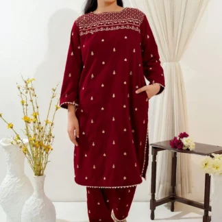 Maroon Embroidered 2-Piece Kid Suit for Girls 11-12Yrs