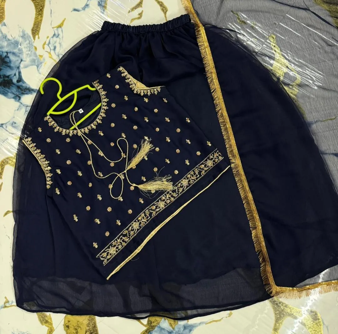 Blue Chiffon Embroidered 3-Piece Set for Girls 6-12 - Image 2