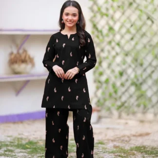 Kids Black Rose Embroidered Kurta Pant Set 2Pcs