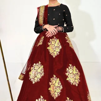 Kids Zari Embroidered 3Pcs Set Maroon Skirt & Dupatta