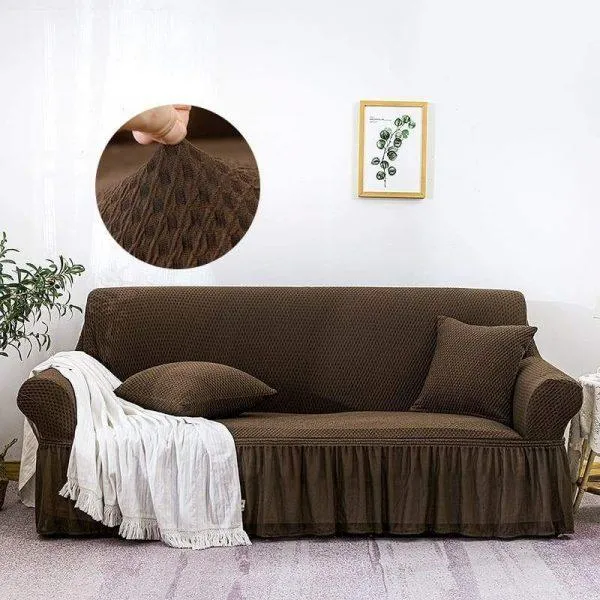5 Seater Mesh Sofa Cover Brown Elastic Ruffled