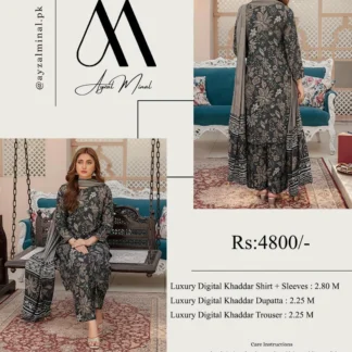 Ayzal Minal 3-Piece Black Floral Khaddar Suit