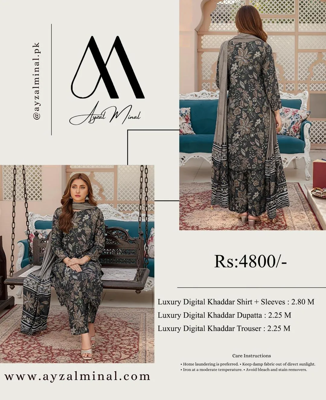 Ayzal Minal 3-Piece Black Floral Khaddar Suit