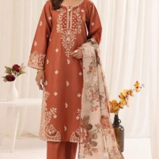 3pc Embroidered Lawn Suit Brown Floral Print