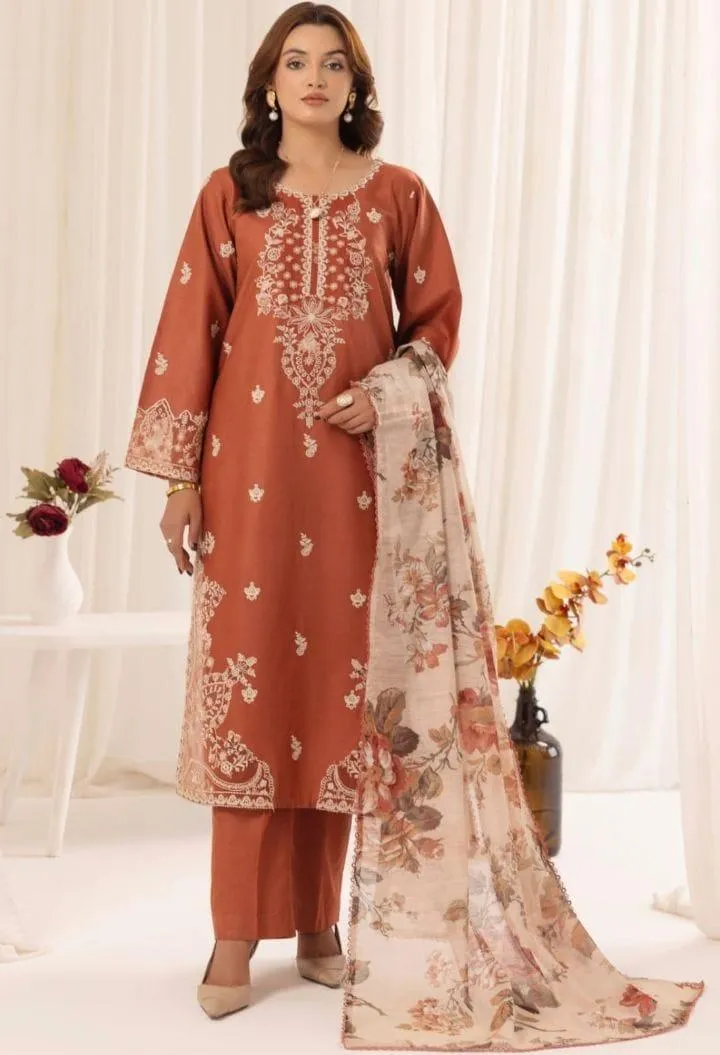 3pc Embroidered Lawn Suit Brown Floral Print
