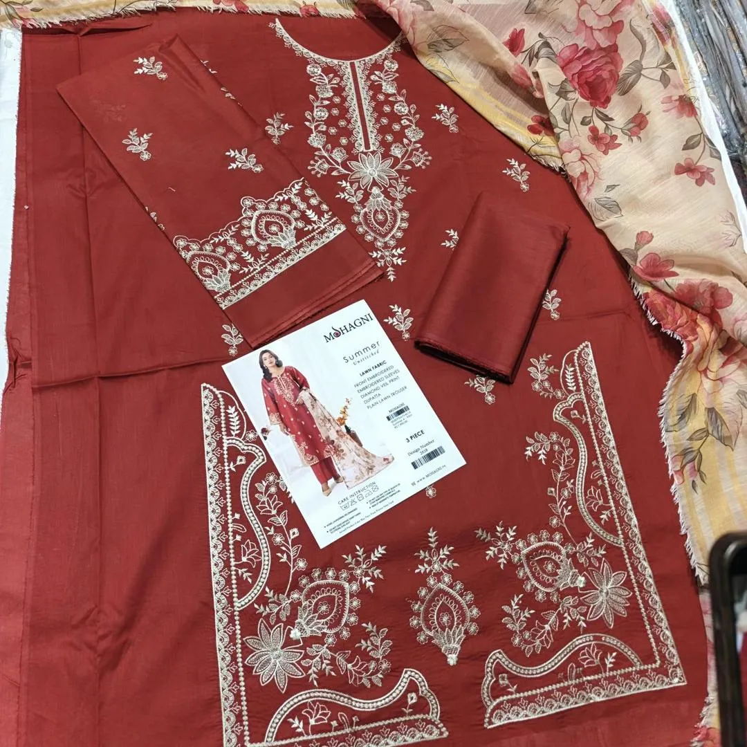 3pc Embroidered Lawn Suit Brown Floral Print - Image 2