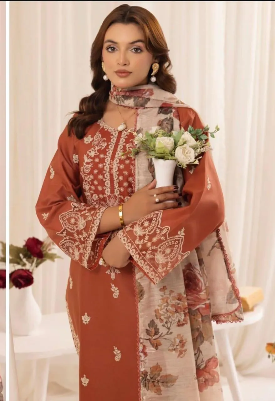 3pc Embroidered Lawn Suit Brown Floral Print - Image 3