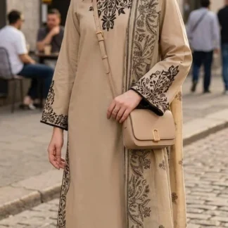 Eid 3-Piece Embroidered Lawn Suit Beige
