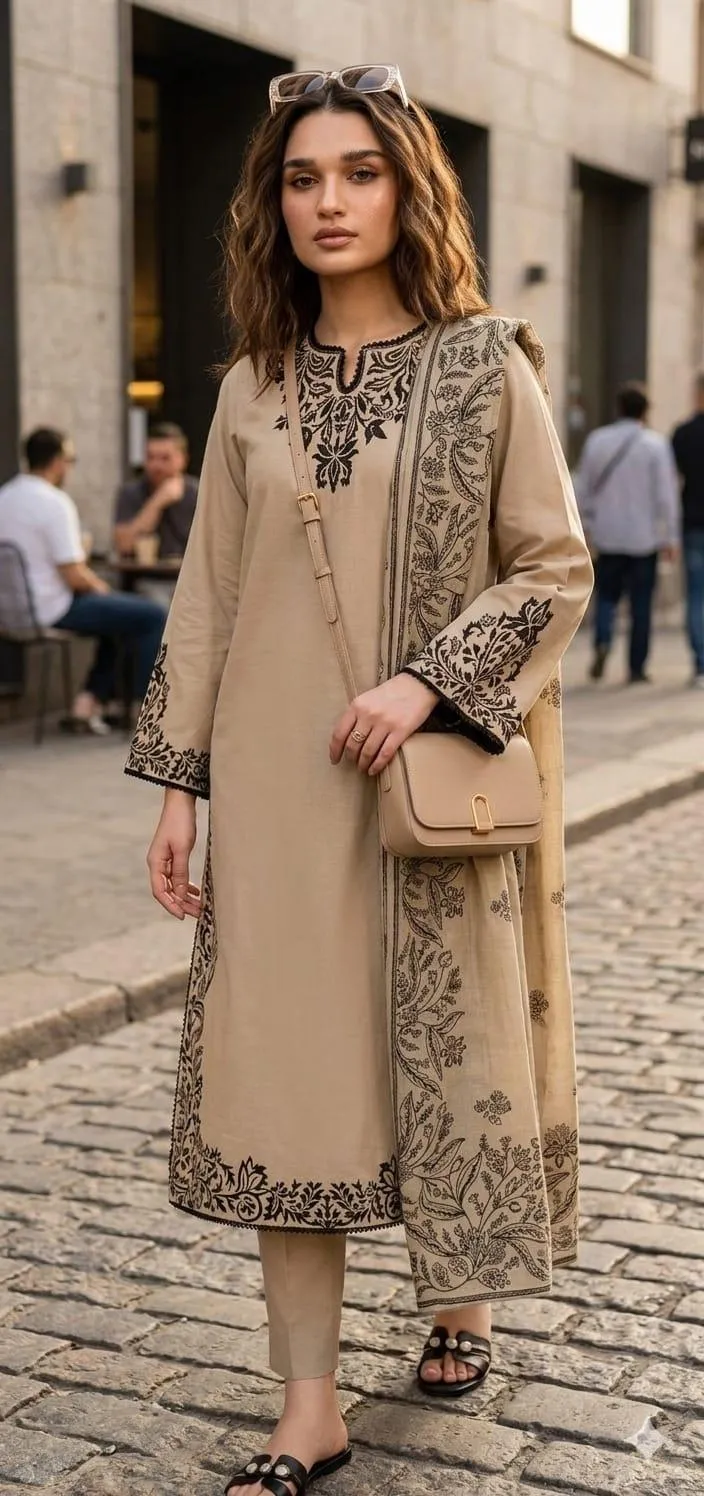 Eid 3-Piece Embroidered Lawn Suit Beige