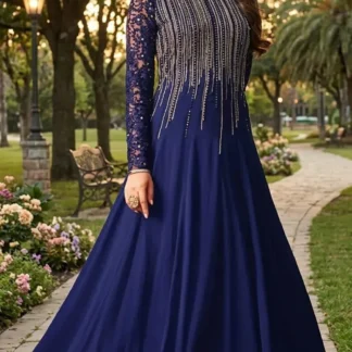 Blue Sequins Embroidered Maxi Dress with Chiffon Dupatta