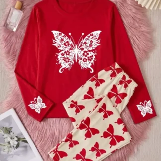 Women Red Butterfly Printed Night Suit With Trousers