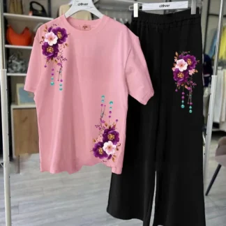 Pink Floral 2-Piece Night Suit for Women Medium to XL