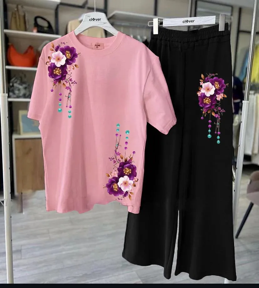 Pink Floral 2-Piece Night Suit for Women Medium to XL
