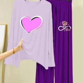 Purple Printed Women's 2-Piece Night Suit with Love Design