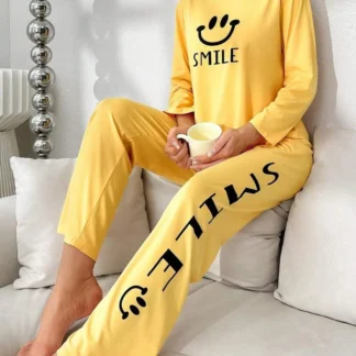 Women Printed Night Suit Yellow Smile Design Medium to XL