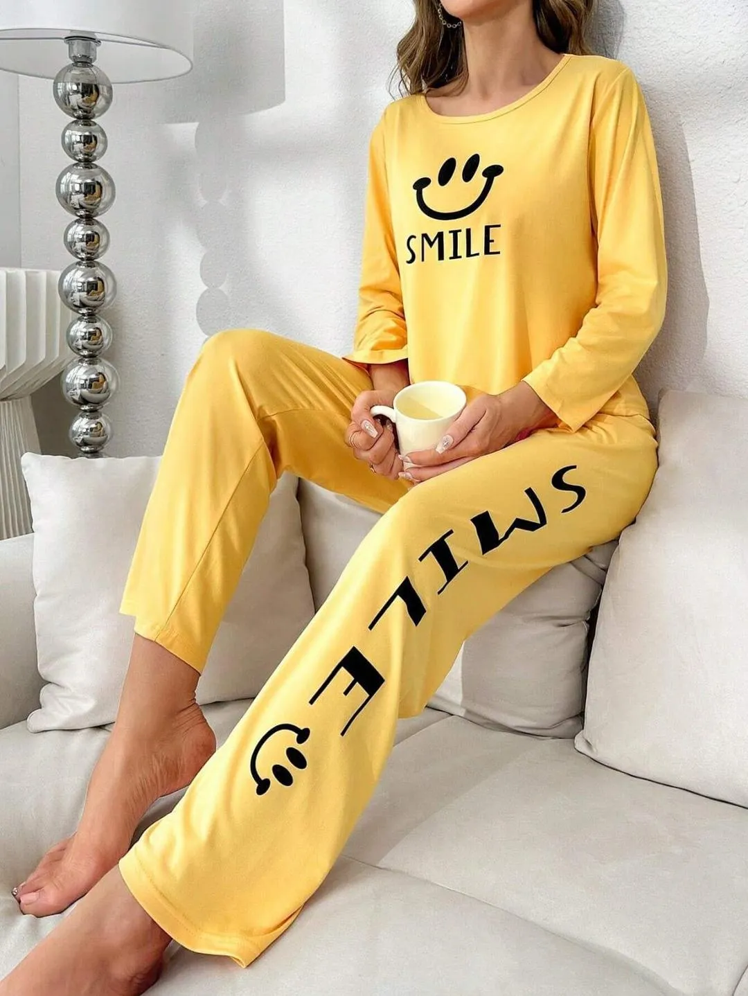 Women Printed Night Suit Yellow Smile Design Medium to XL - Image 3