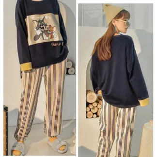 Tom and Jerry Print 2-Piece Night Suit Black Beige Stripes