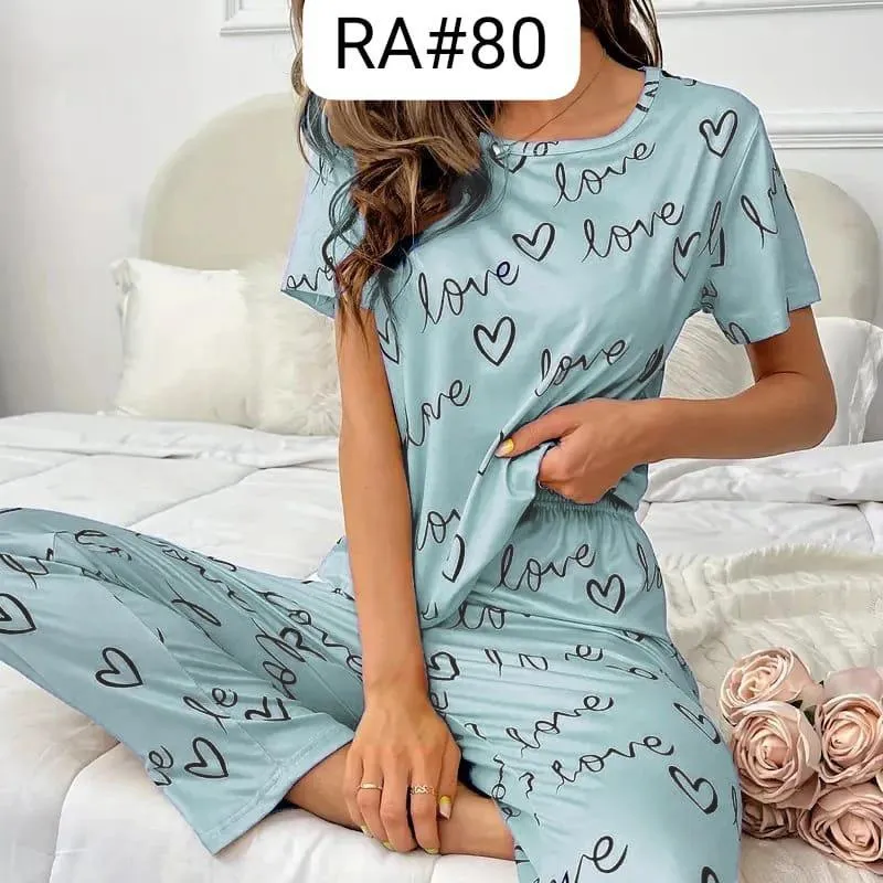 Turquoise Printed 2Pcs Women Night Suit Medium to XL