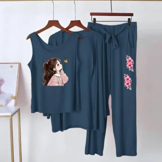 Blue Printed 3-Piece Night Suit for Women