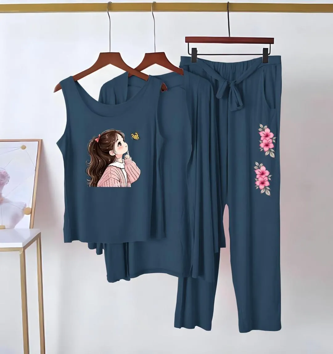 Blue Printed 3-Piece Night Suit for Women - Image 3
