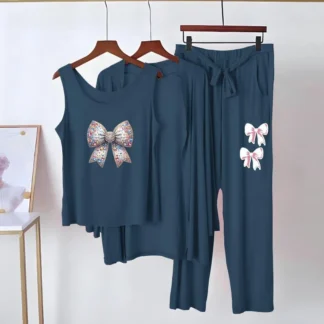 Pakistani 3-Piece Night Suit with Bow Print