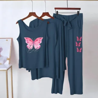 Pakistani Butterfly Printed 3-Piece Night Suit