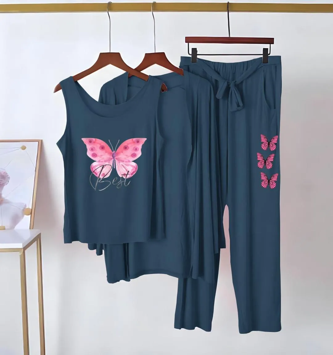 Pakistani Butterfly Printed 3-Piece Night Suit - Image 3