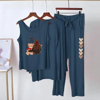 Blue Printed 3-Piece Women's Jersey Night Suit
