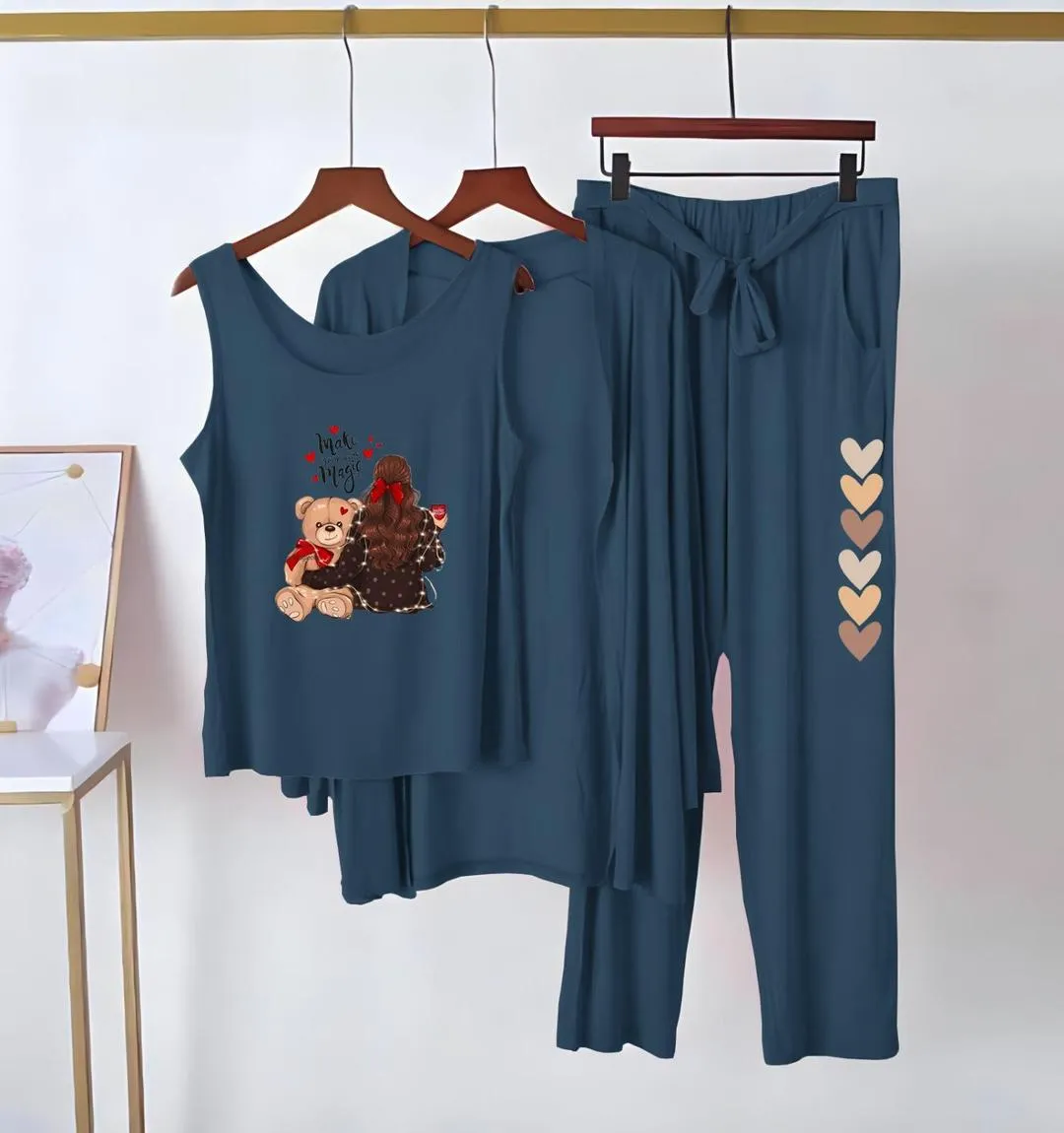 Blue Printed 3-Piece Women's Jersey Night Suit - Image 3